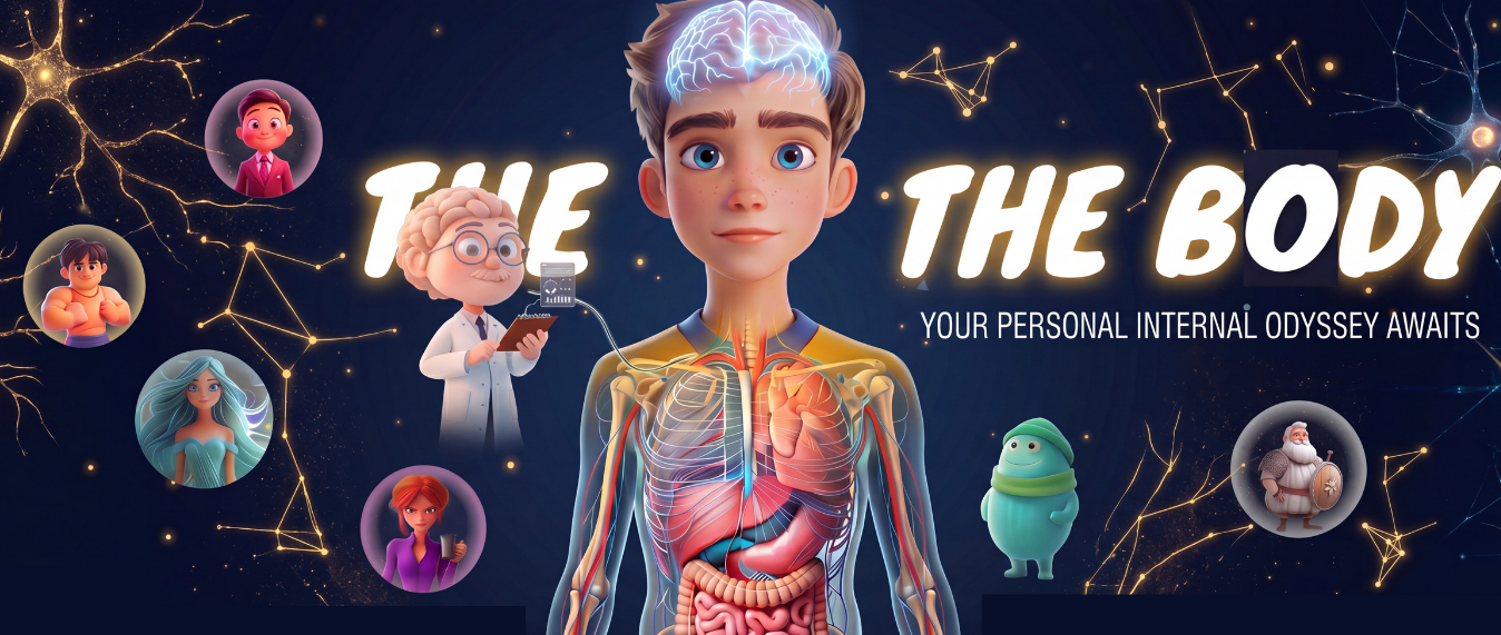 Animated character of a human body with internal organs, surrounded by smaller character avatars and network-like structures on a dark background.